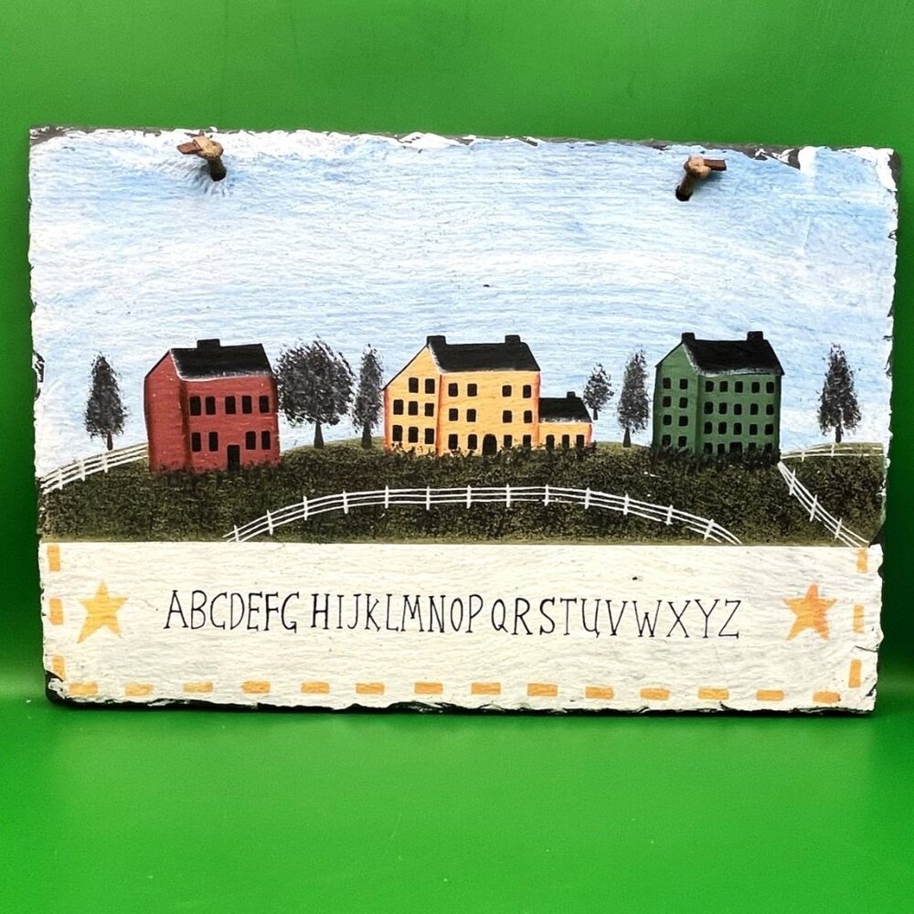 VTG Hand Painted Slate Sign Primitive Folk Art Country Schoolhouse ABC 12x8
